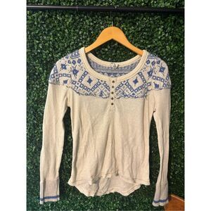 Free People Women Cabin in the Woods Blue Fair Isle Cream Henley Top Medium